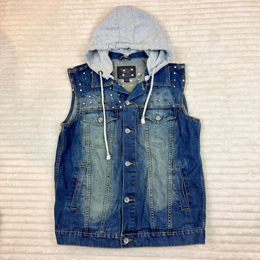 Victorious Mens Studded Denim Vest with Hood Blue Sleeveless Jean Jacket 2XL - Picture 1 of 5